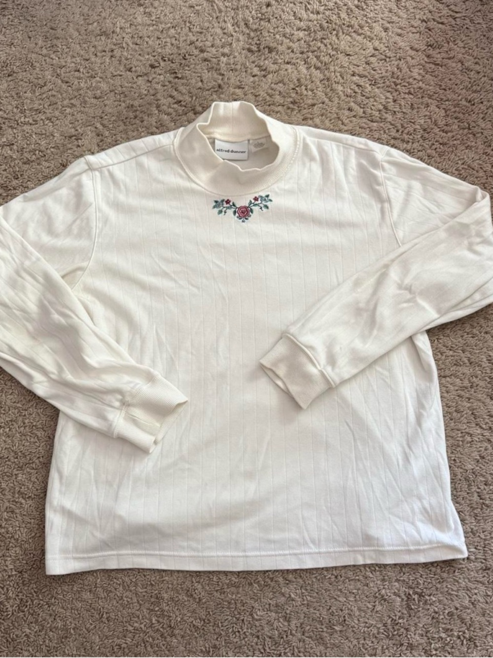 Alfred Dunner Cream Ribbed Mock Neck Top with Pink Rose Embroidery